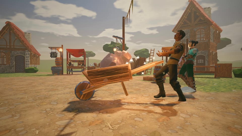 A wheelbarrow heaped with a giant geode crossing the village square