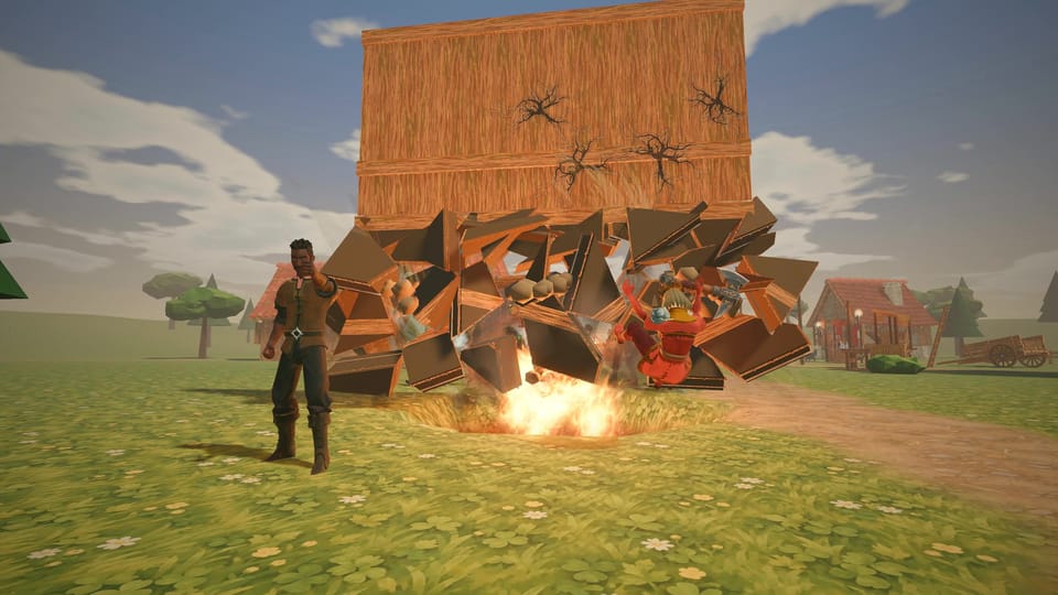 A two-storey wall bursts apart and flings a friend through the air