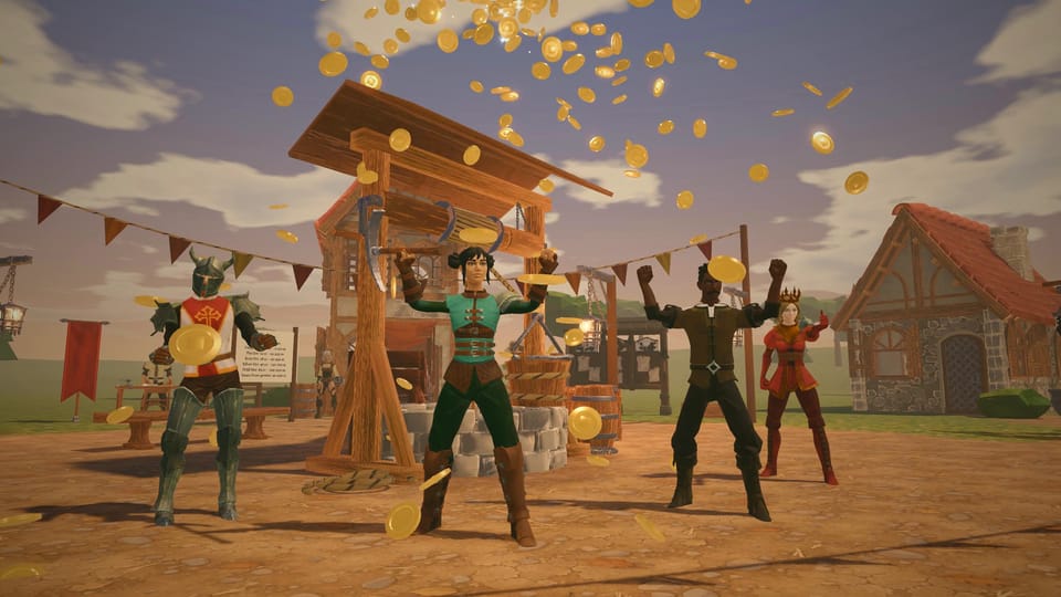 The crew cheers under a shower of coins after holding off a siege