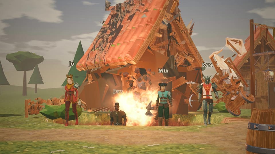 Four friends walk away from a hut exploding behind them