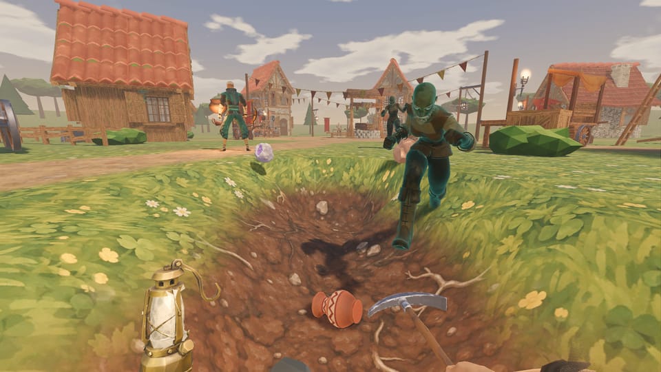 First person: a fresh dig in the village with a clay vase and a geode in the dirt while one of the dead charges