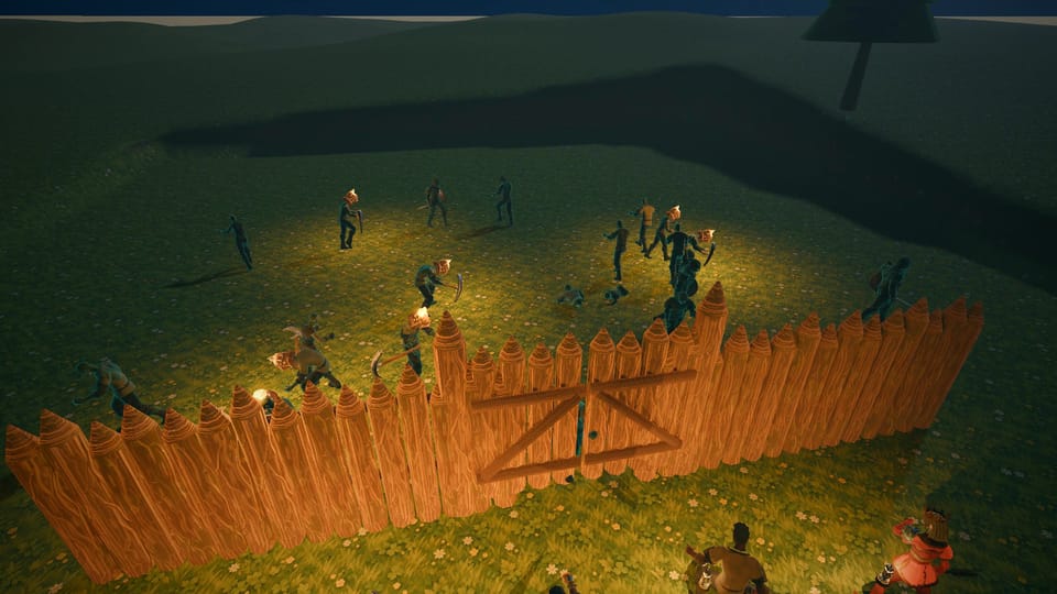Night: a horde of the dead with candle hats and picks at the palisade gate