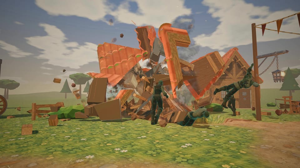 A bomb brings a cottage down in chunks on a crowd of the dead