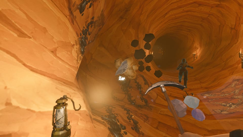 A pick bursts an iron vein in a torch-lit tunnel as a plague peasant comes down the tunnel